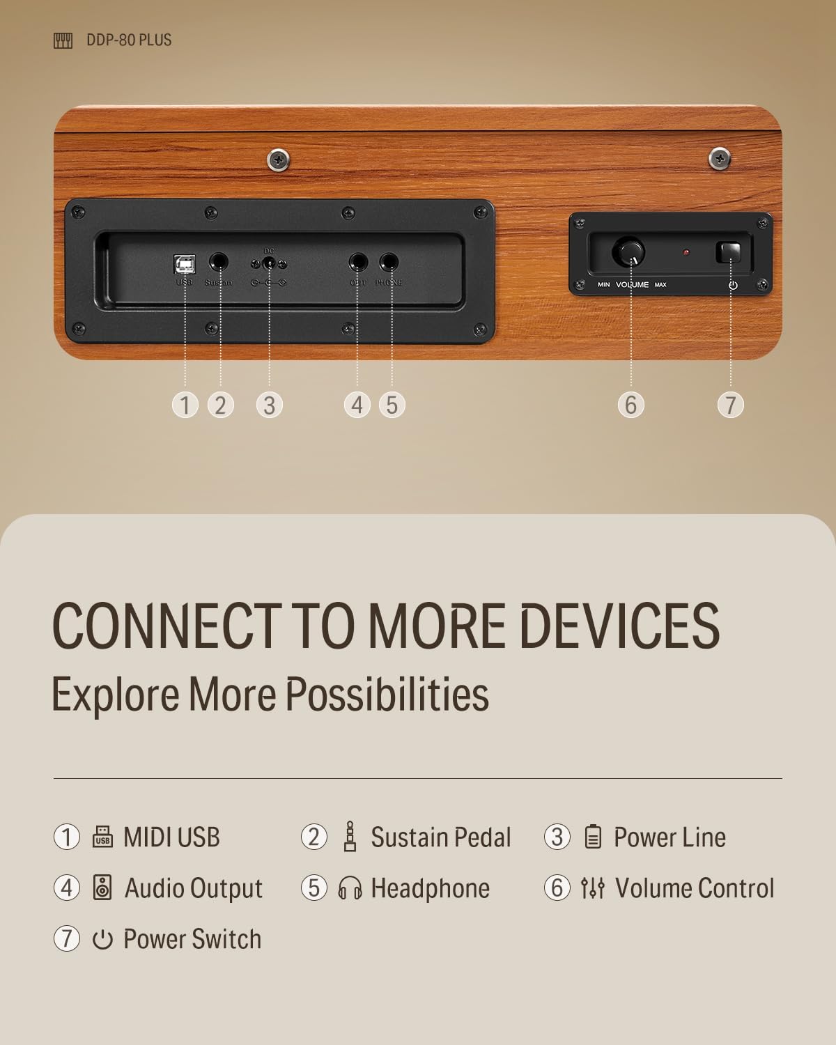 Digital piano rear panel showing the USB-B / USB to Host port